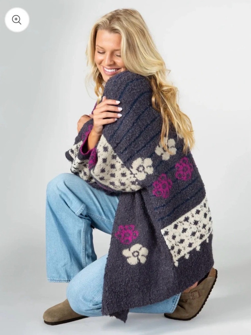 Natural Life Calla Jacquard Cardigan L/XL Charcoal Floral Wool Blend